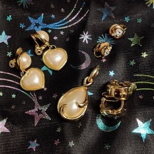 Vintage Gold Tone Clip On Earrings Monet Swarovski Ralph Lauren LR Pearl Lot